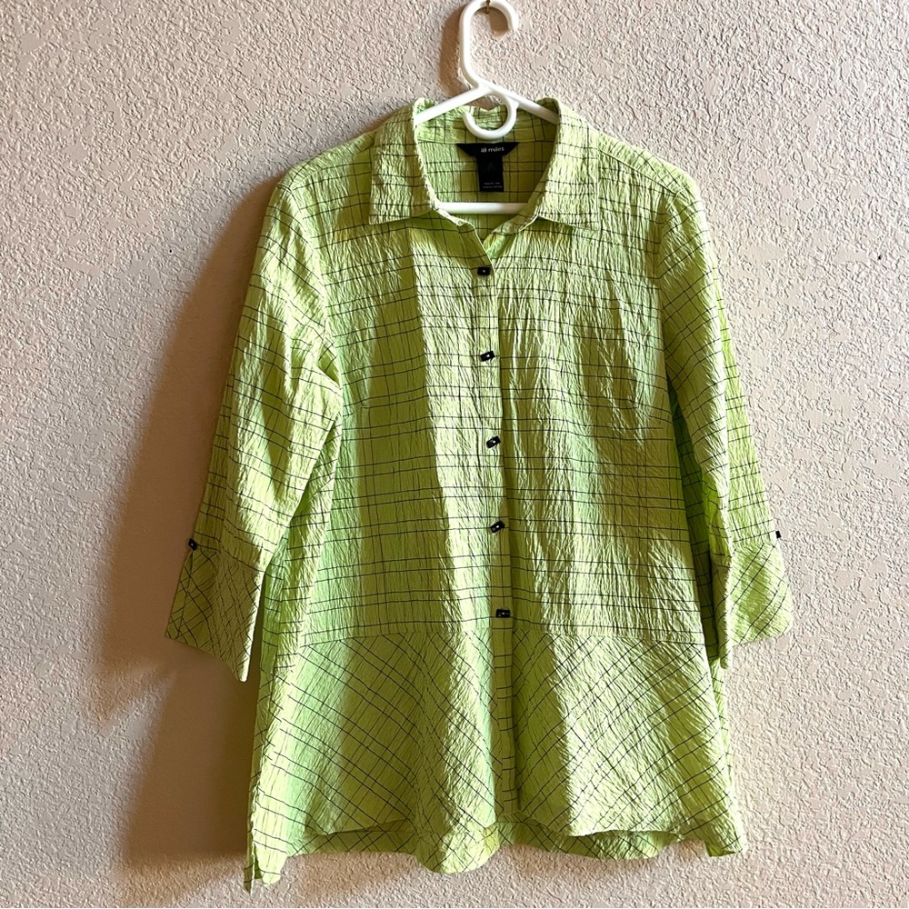 Ali Miles Women Tunic Top Green Sz M Lagenlook Buttons 3/4 Sleeve Art To Wear